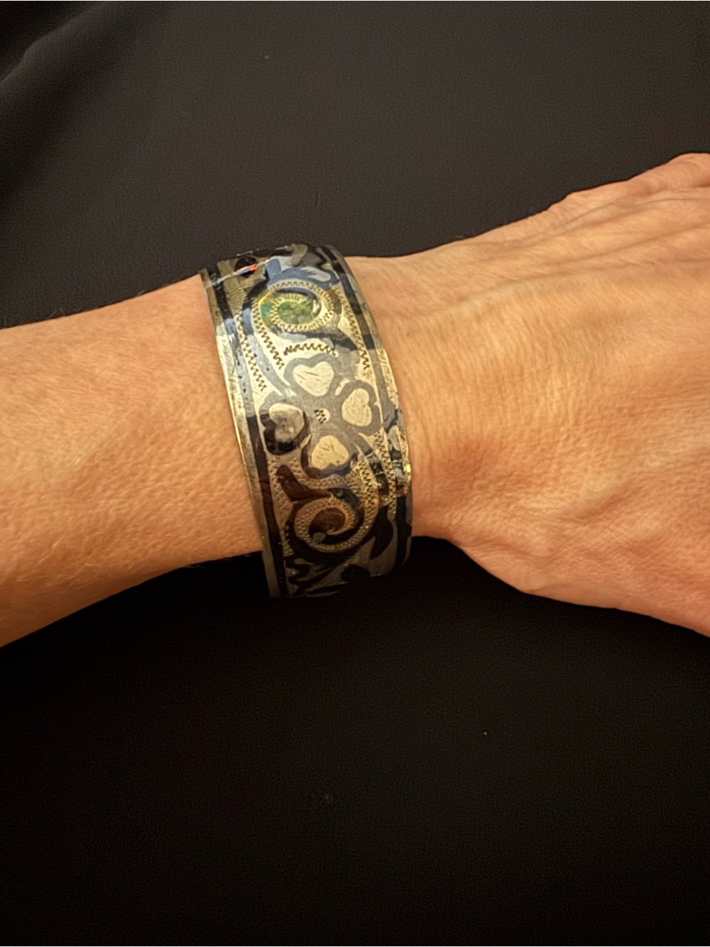 Vintage Silver Damascene Style Wide Cuff Bracelet